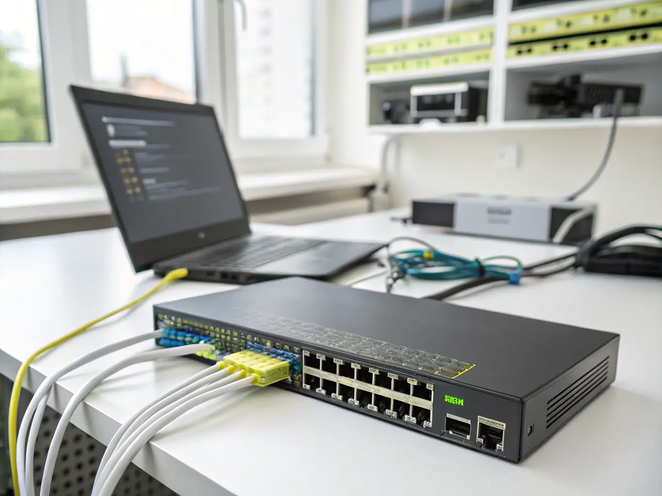A close-up shot of labeled cables and ports in a data center, emphasizing the importance of clear documentation and organization for easy maintenance and troubleshooting.
