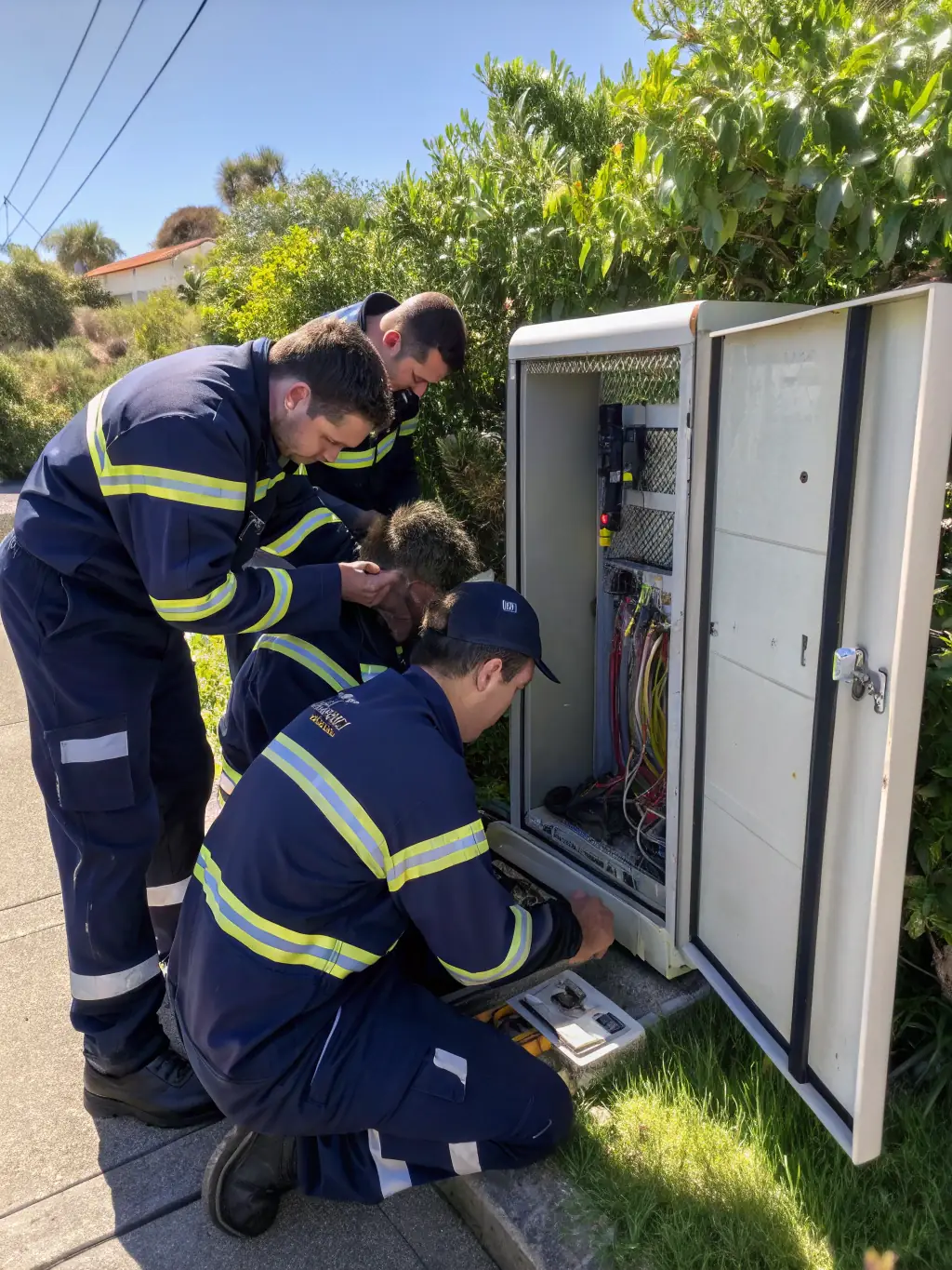 Technicians splicing and terminating fiber optic cables with precision, demonstrating DataTel 360's expertise in fiber optic installation in a Georgia data center.