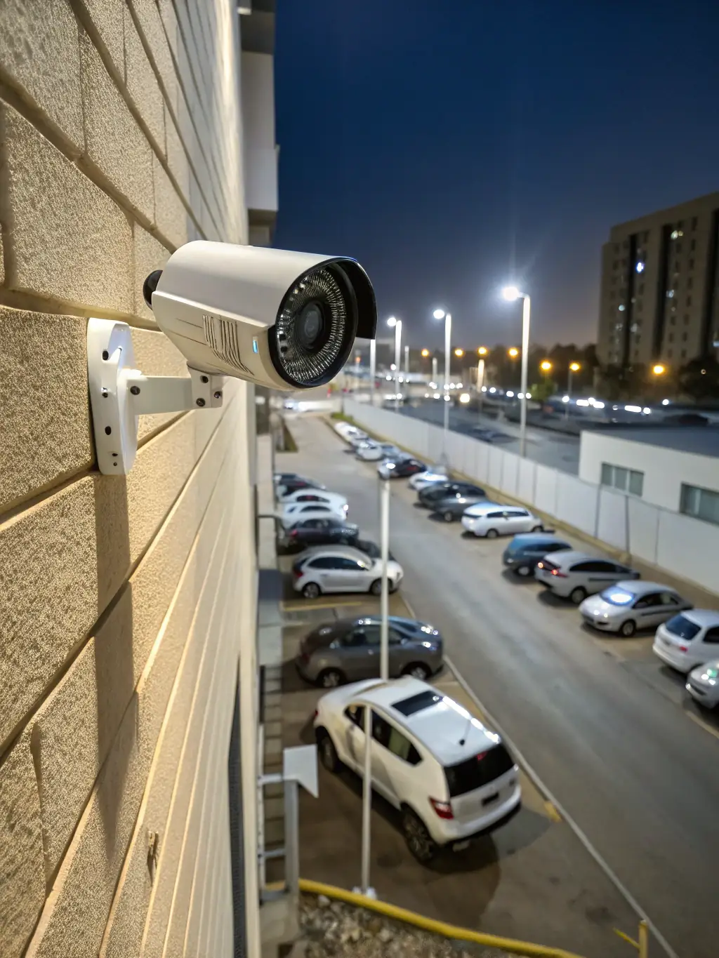 A high-resolution image of a bullet IP camera mounted on a building exterior, capturing a wide-angle view of a parking lot. The camera should appear robust and weatherproof.