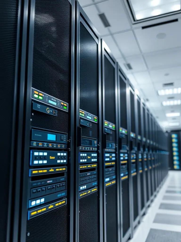 A neatly organized server rack in a data center, showcasing clean cable management and labeled components, symbolizing efficient infrastructure.
