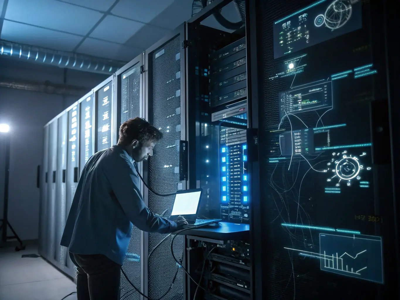 An image depicting a DataTel 360 engineer working on a detailed network design schematic on a large monitor, showcasing rack layouts, cable pathways, and network diagrams.