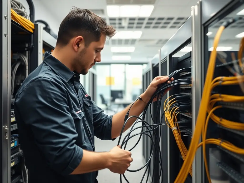A professional DataTel 360 technician installing structured cabling in a modern office environment, showcasing the company's expertise and attention to detail.