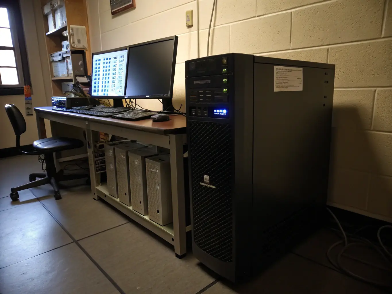 A modern office setting with employees working seamlessly, despite a simulated power outage, highlighting the effectiveness of UPS and power solutions.