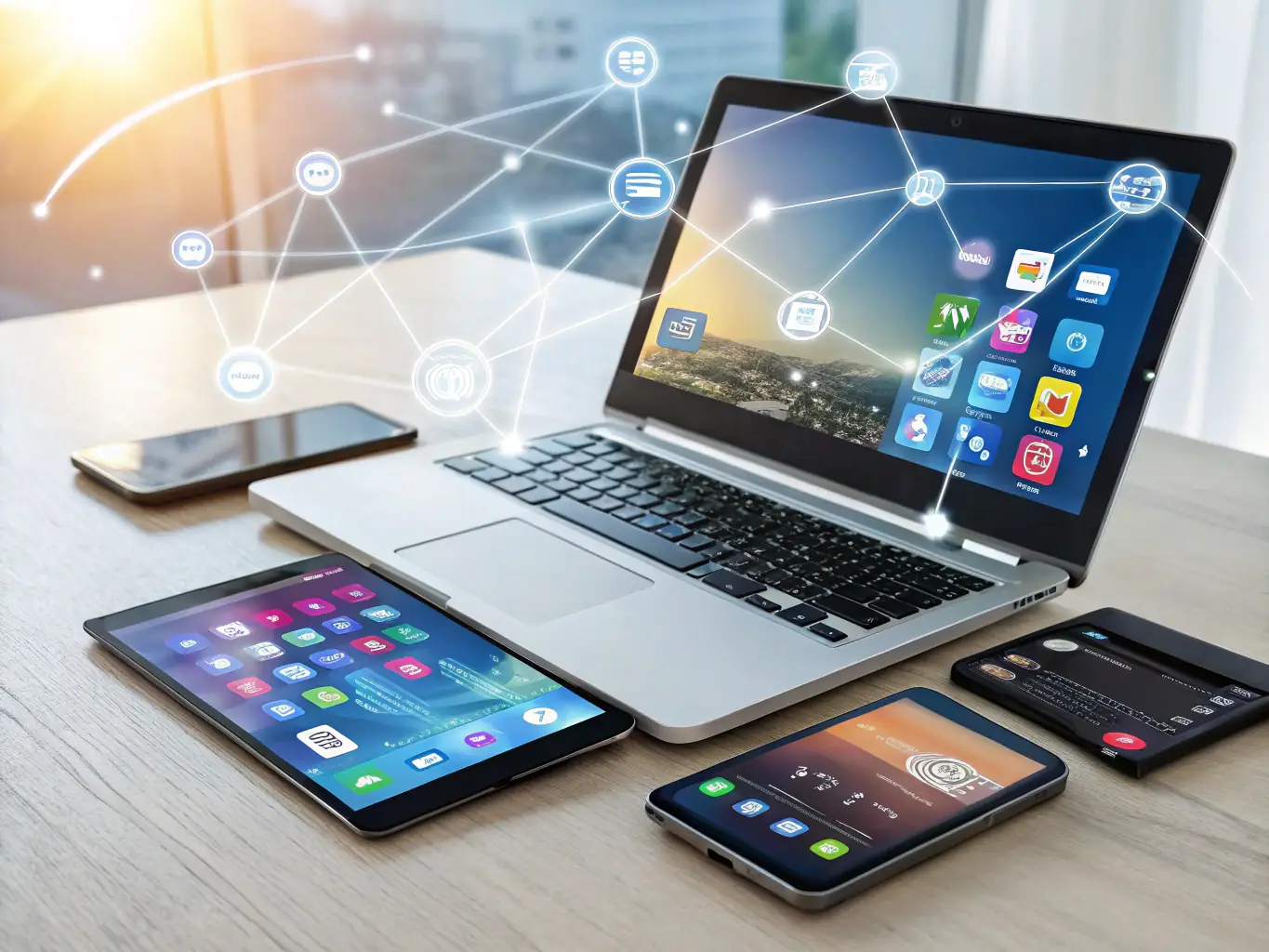 An image representing a vendor-neutral approach, such as a diverse range of technology products from different brands seamlessly integrated into a business network.