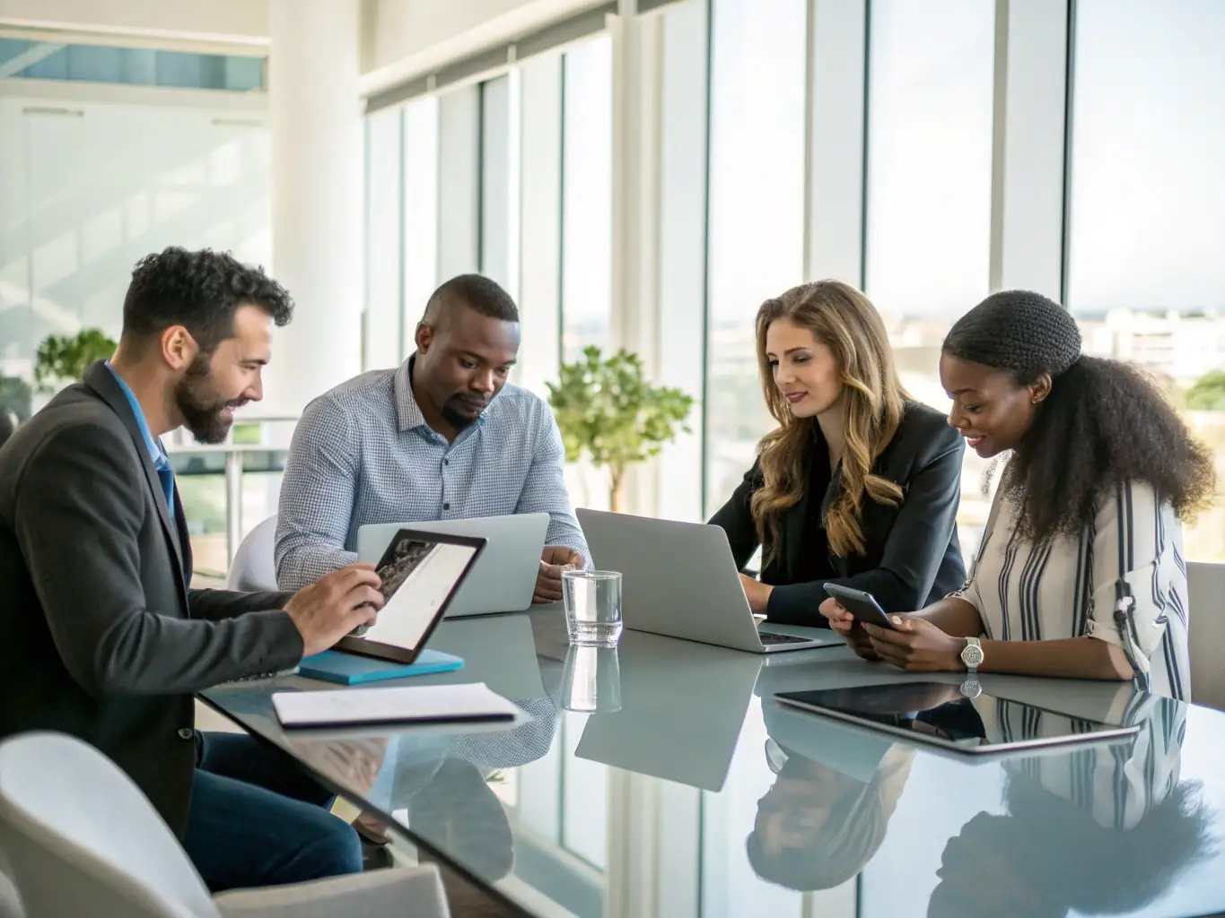 A photograph of a diverse team of IT professionals collaborating in a modern office environment, showcasing DataTel 360's commitment to teamwork and expertise.