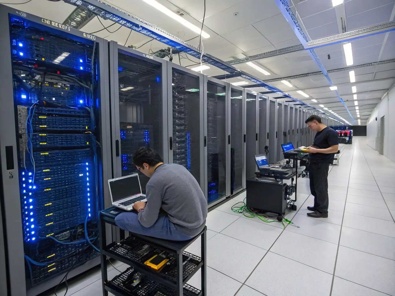 A DataTel 360 engineer configuring network equipment in a data center, with multiple servers and networking devices visible in the background.