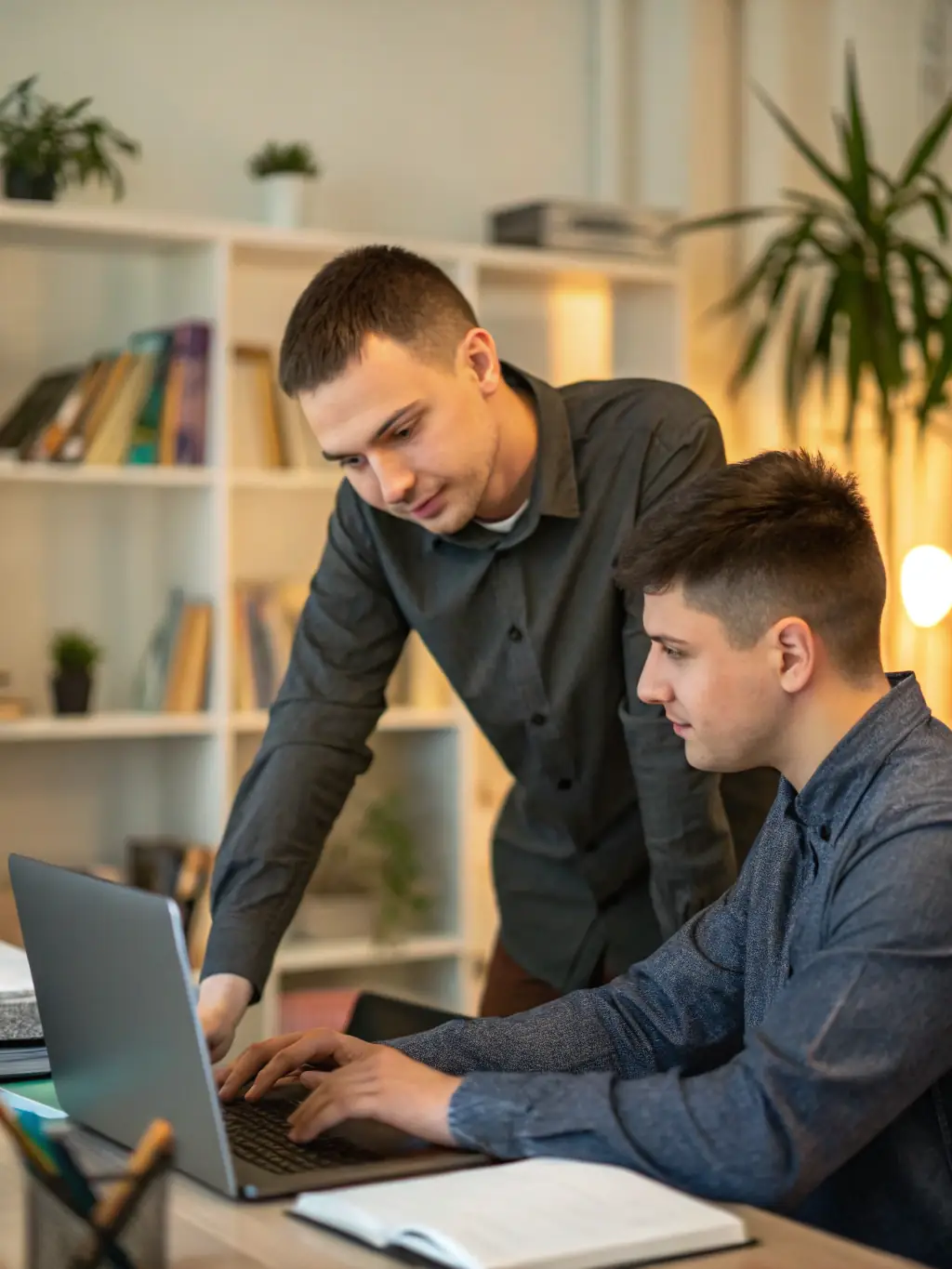 A picture of a technician providing on-site IT support, assisting a client with a computer issue in a professional office setting.