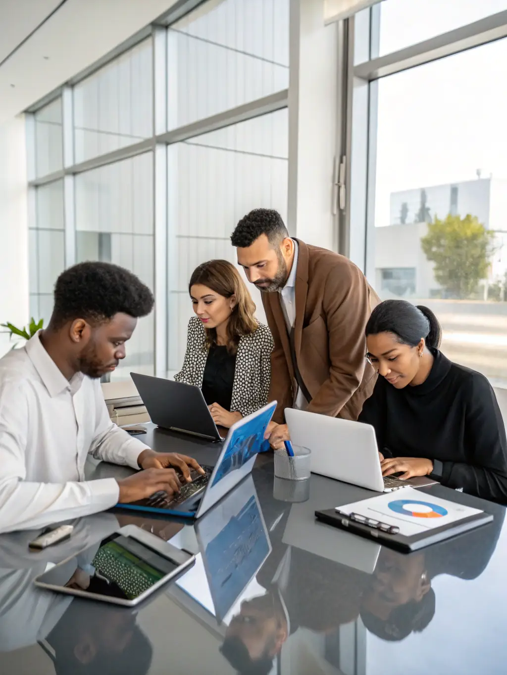 A professional photograph of a diverse team collaborating in a modern office environment, using various devices like laptops, tablets, and VoIP phones, to represent enterprise-grade communication features.