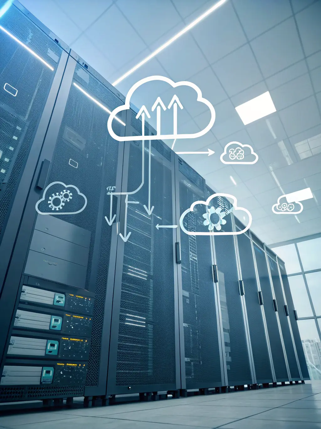 A graphic illustrating a business scaling up, with arrows pointing upwards and outwards, representing the scalability of Zultys Cloud services.
