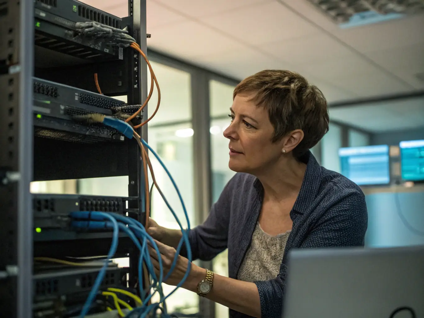 A technician installing a VoIP phone system in a small business office, focusing on the hands-on, local aspect of the service.
