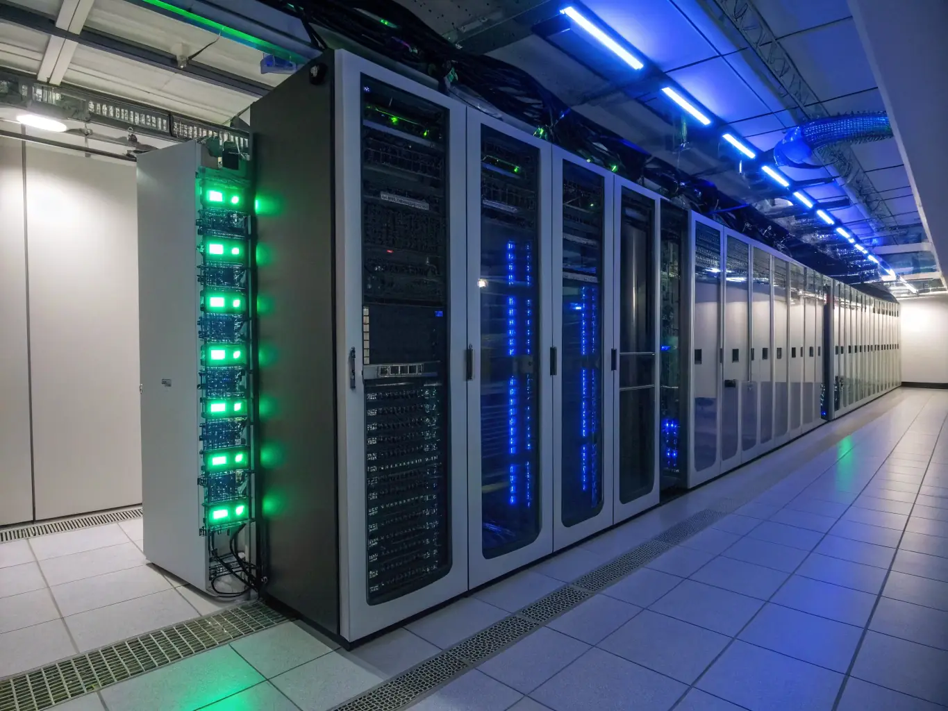A server room with multiple servers and blinking lights, symbolizing data backup and redundancy, with a focus on the reliability and security of offsite data backup.