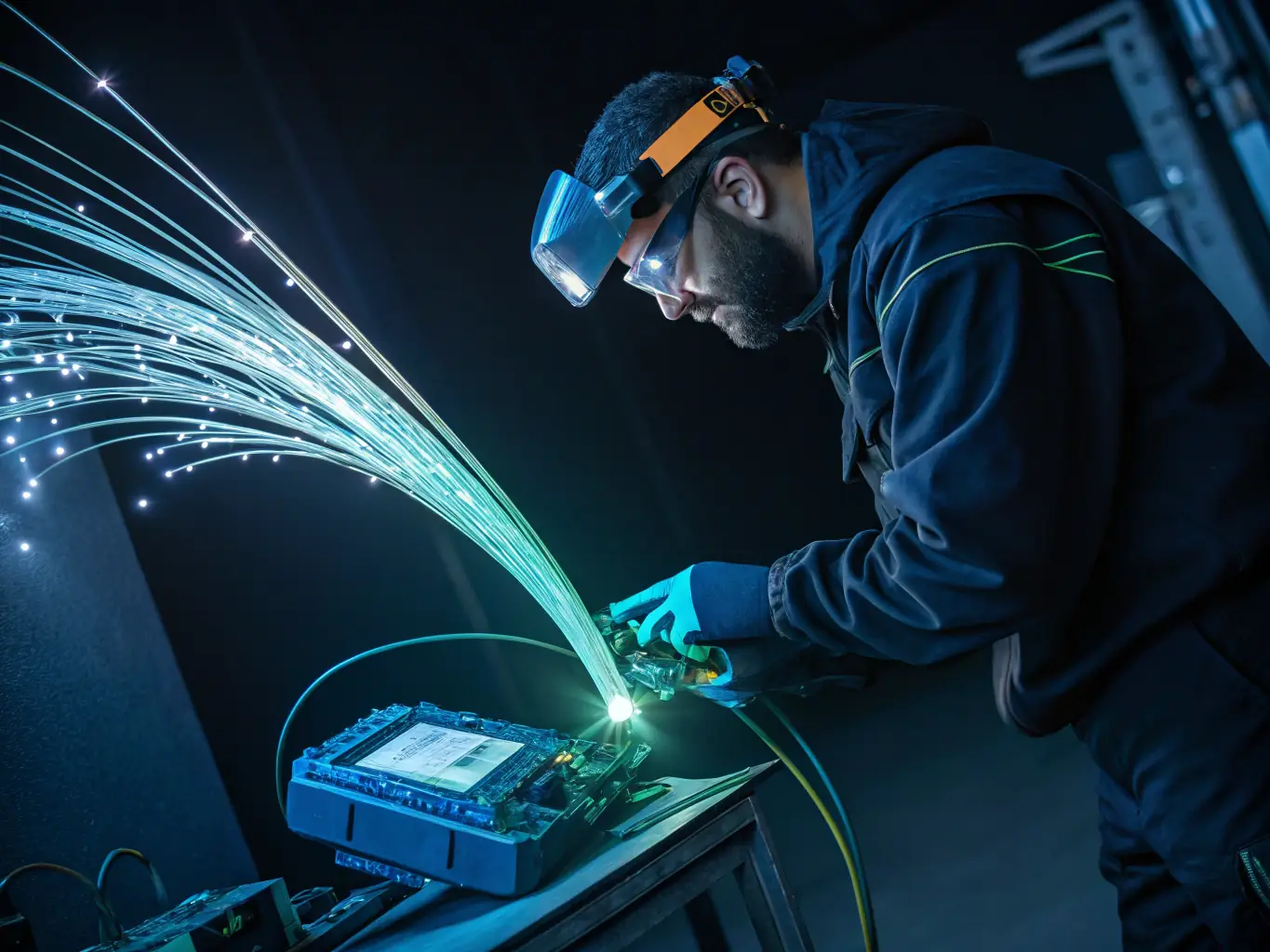 A photo of DataTel 360 technicians performing fusion splicing on fiber optic cables, highlighting the precision and skill involved in the process.