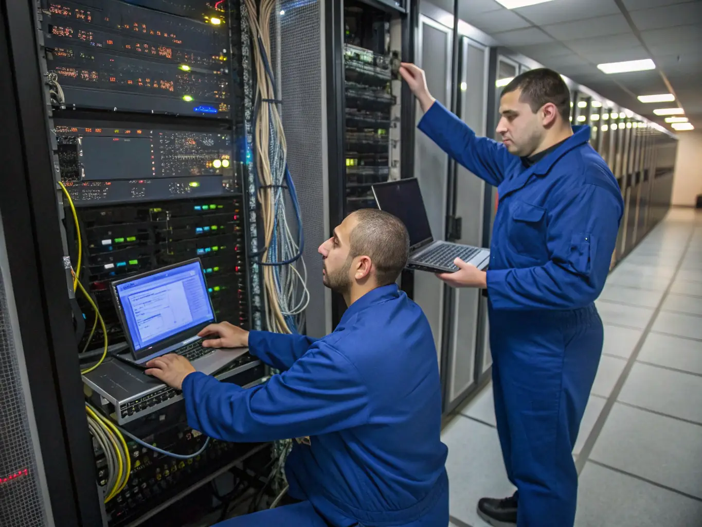 A photo of DataTel 360 engineers conducting a site walk in a commercial building, using measuring tools and taking notes, with visible network cables and infrastructure in the background.