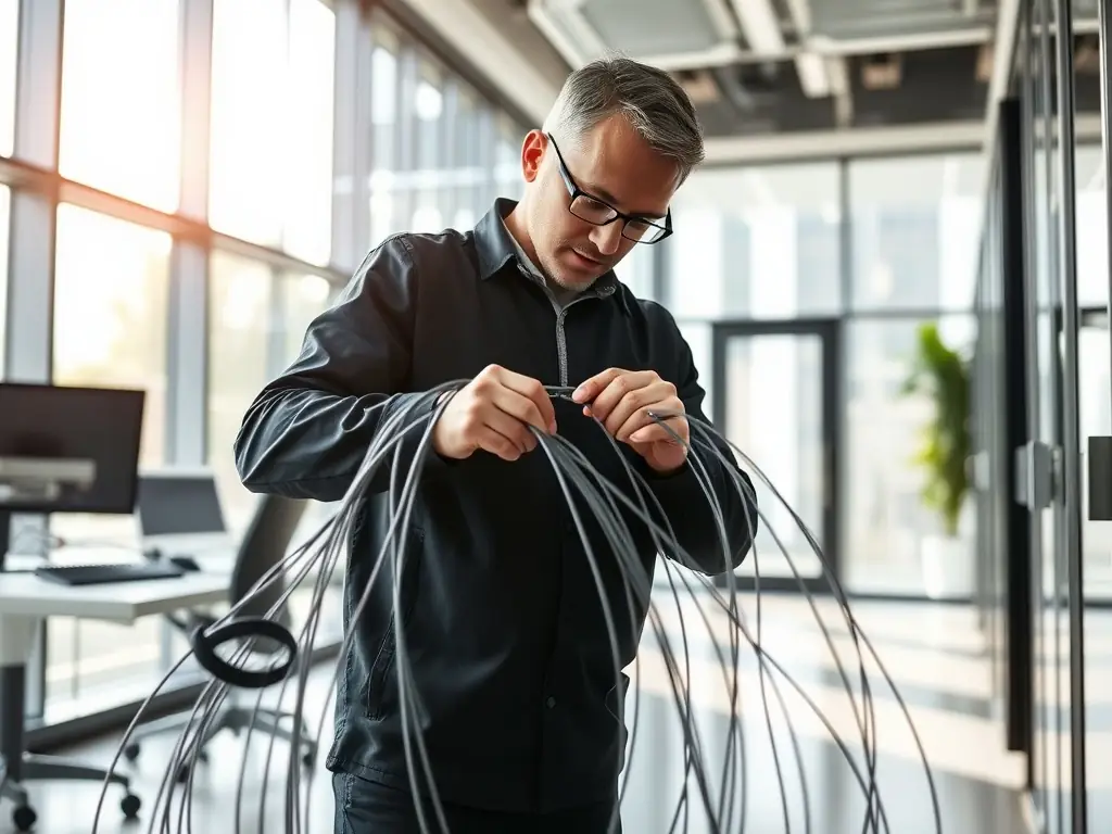 A clear image of a technician installing a fiber optic cable, showcasing the advanced technology and precision involved in fiber optic installation.