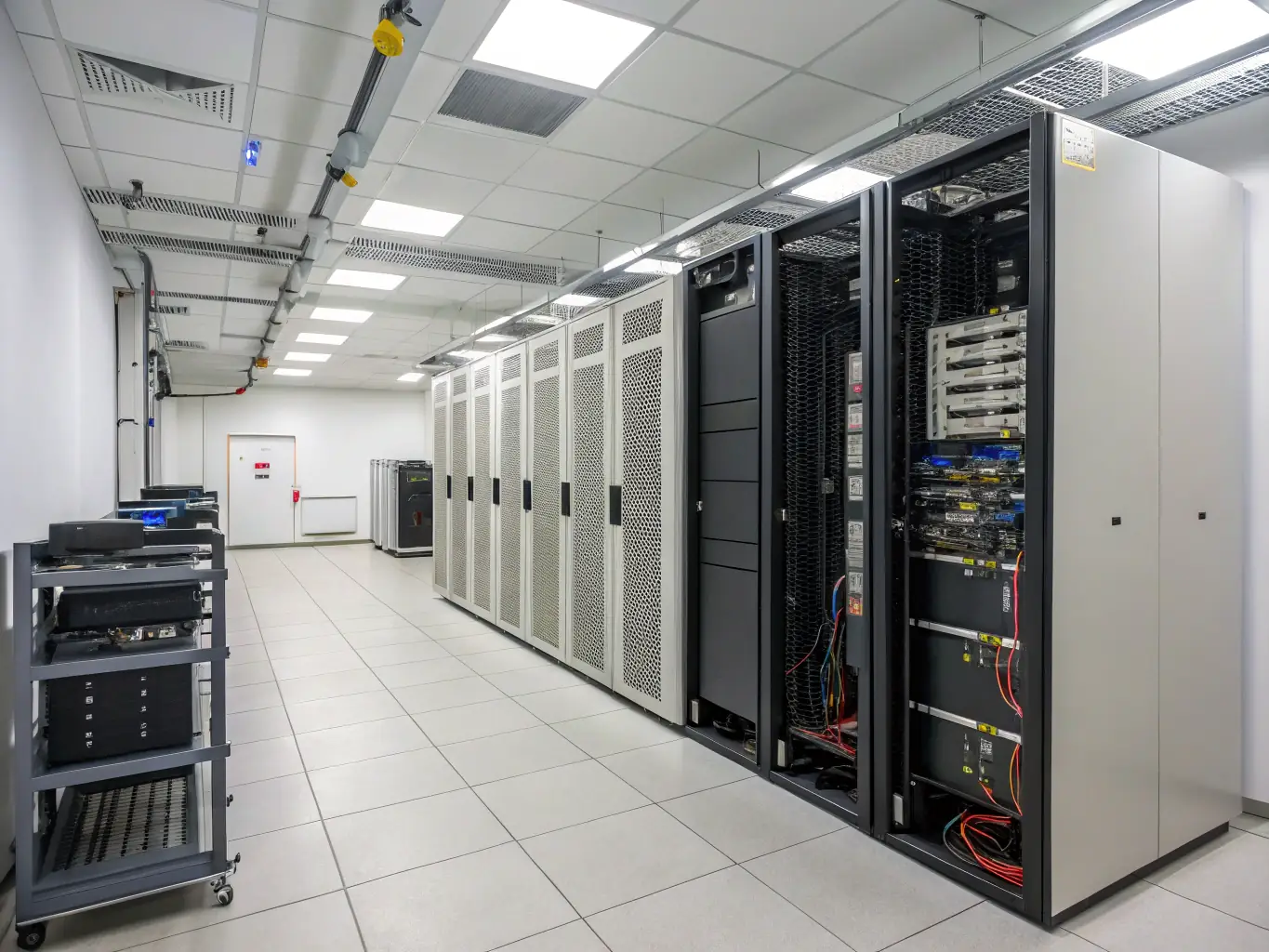 A wide shot of a server room with neatly organized and labeled cables, showcasing a clean and efficient data center environment. The lighting is bright and professional, highlighting the orderliness of the setup.