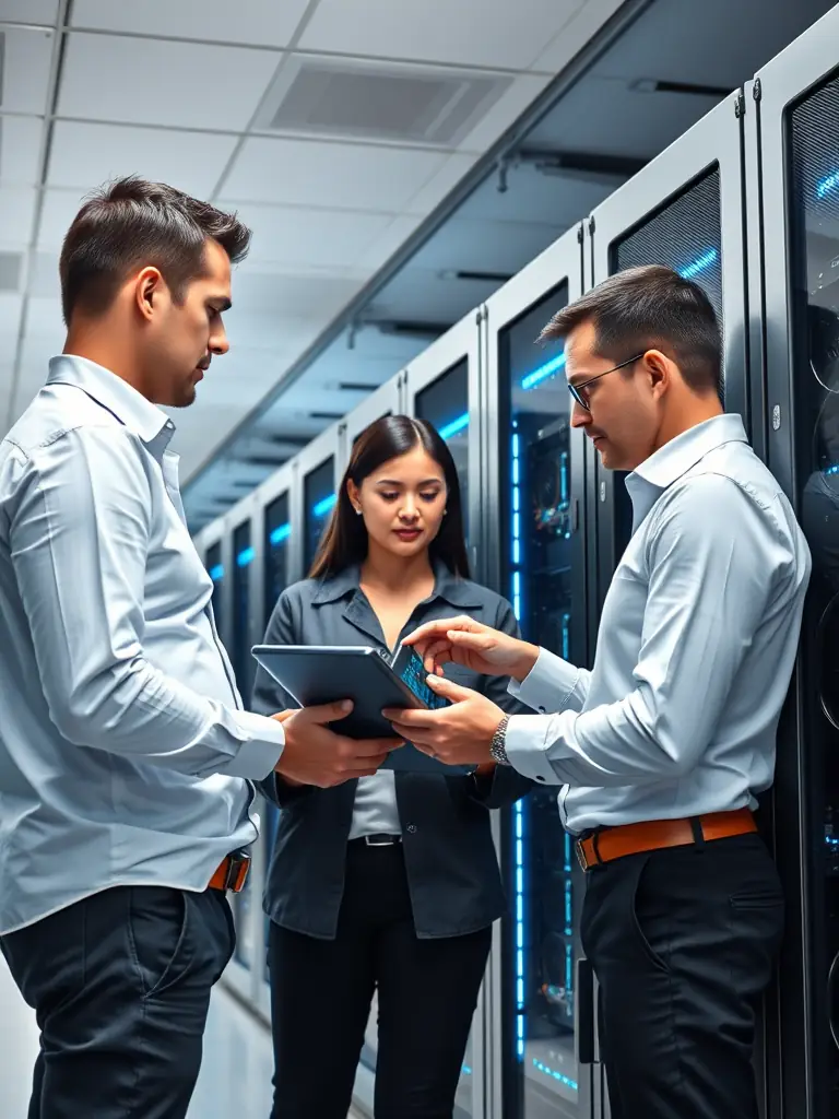 A photo of a DataTel 360 project manager consulting with a client in front of a newly installed rack and stack system, highlighting the company's commitment to customer satisfaction.
