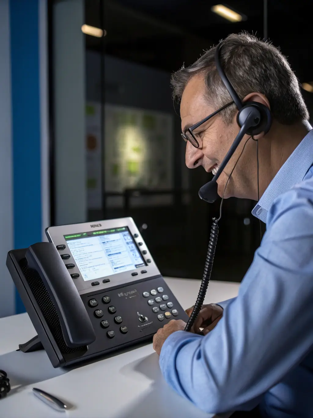 A friendly DataTel 360 technician installing a phone system in a modern Atlanta office, showcasing local, hands-on service.