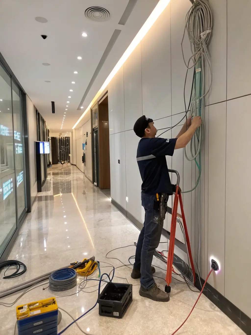 An image of a technician using a cable tester to certify the performance of a newly installed Ethernet cable in a warehouse setting.