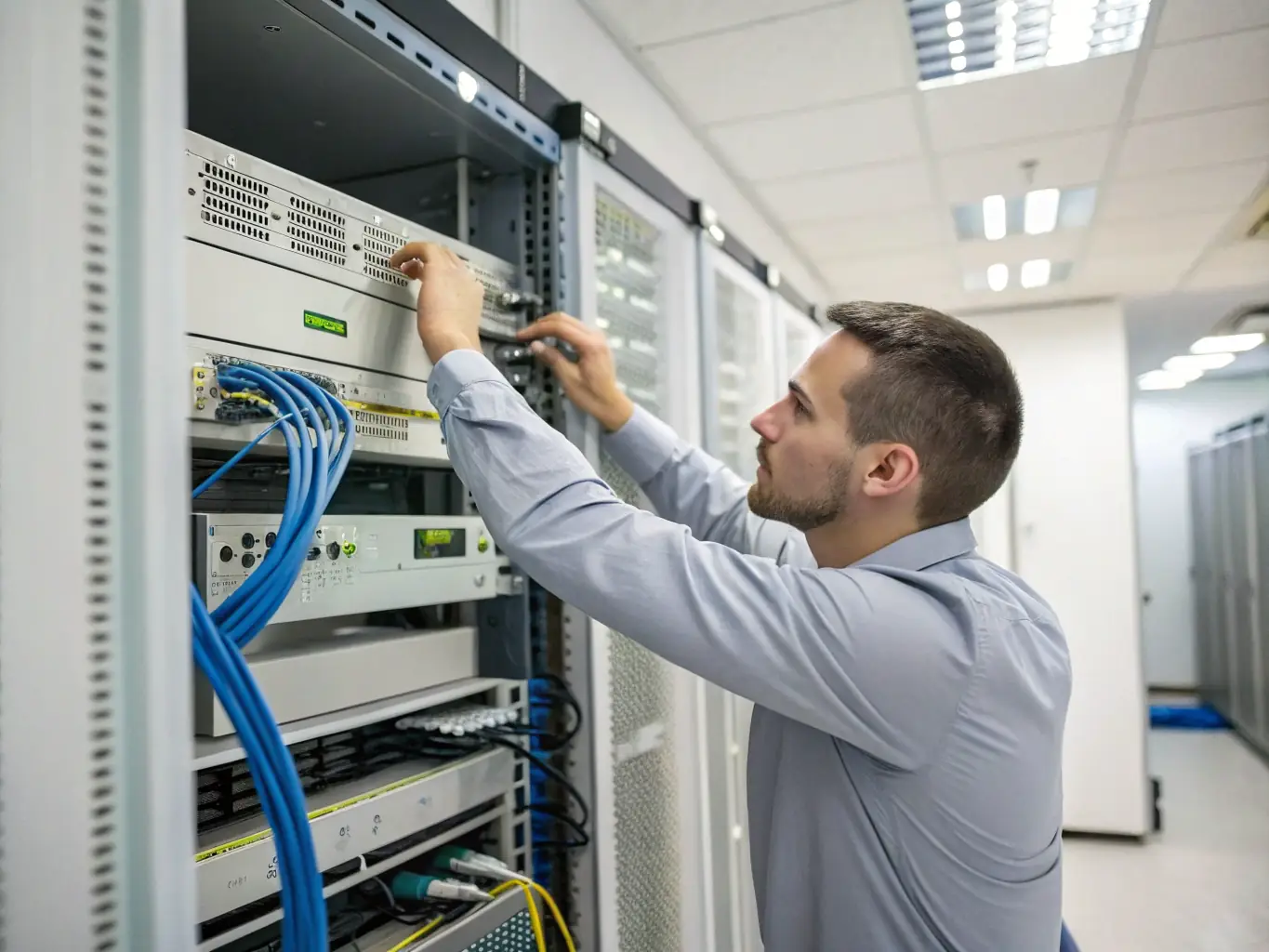 A technician in a clean suit carefully installing a server into a rack, with attention to detail and cable management. The background shows other racks with similar meticulous setups.