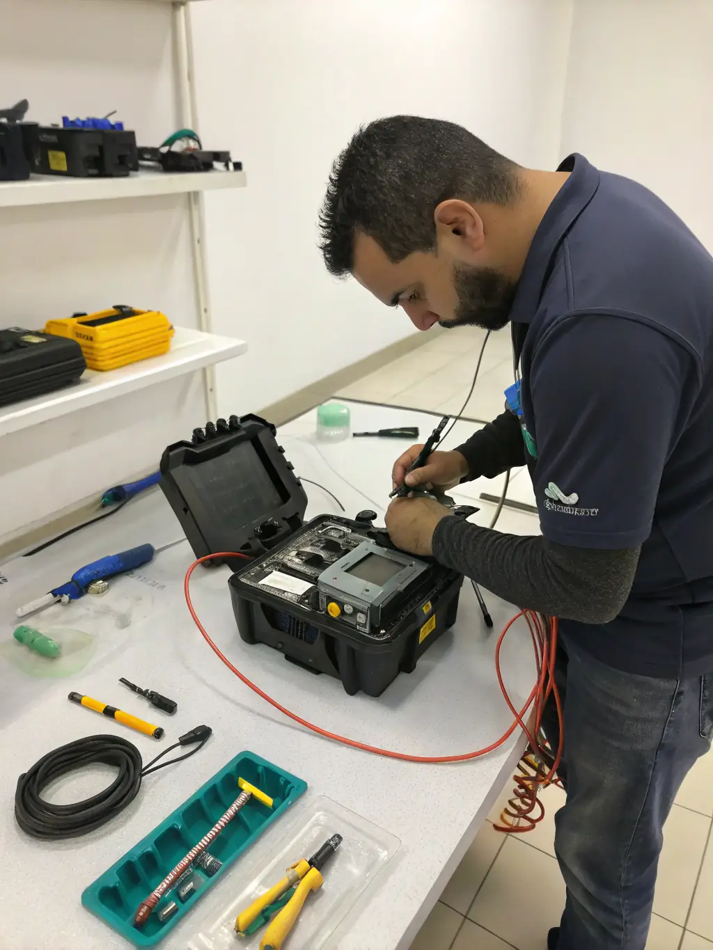 A technician splicing fiber optic cables with precision tools in a clean, well-lit environment, highlighting the delicate nature of fiber optic work.