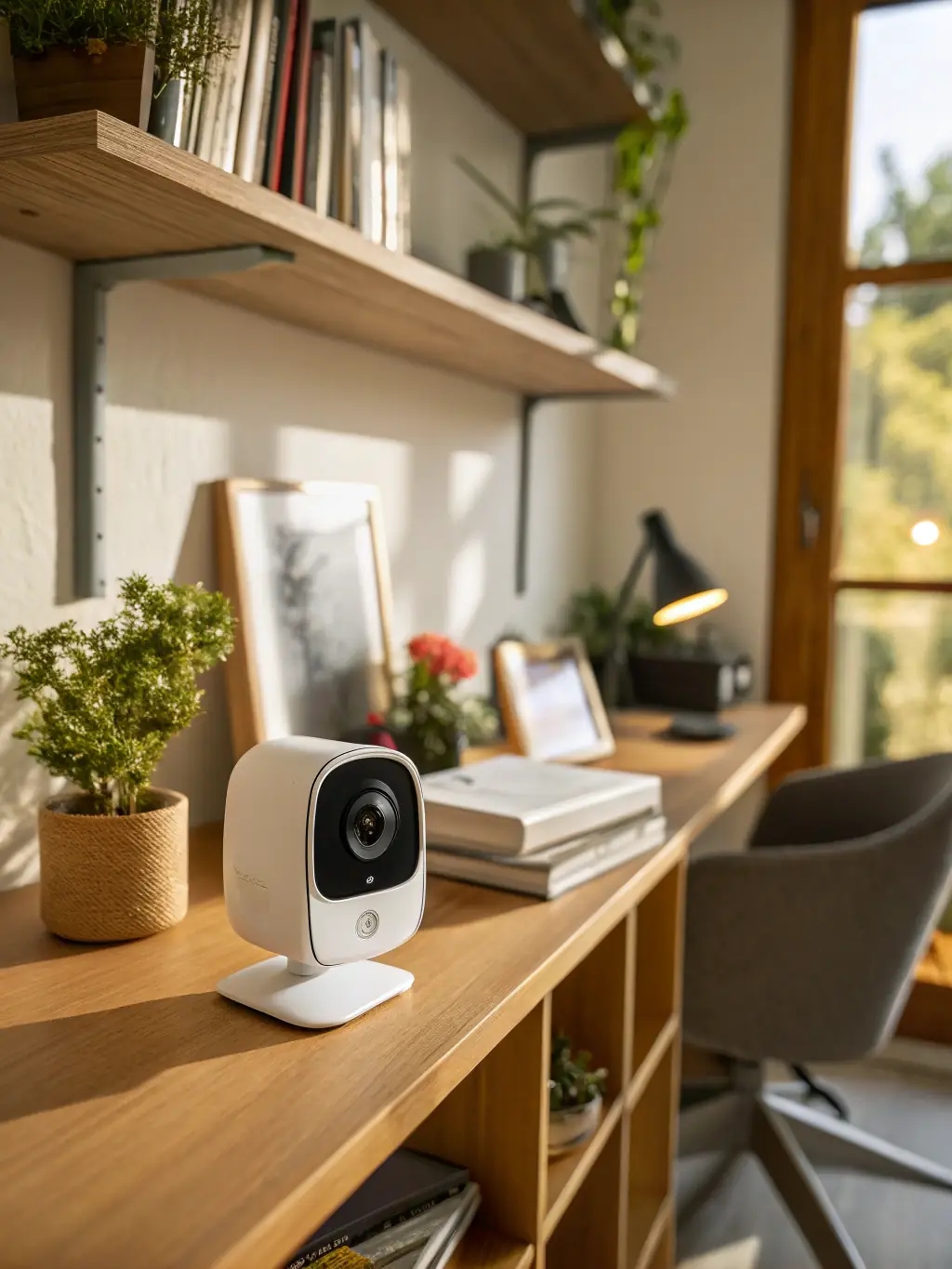 An image of a cube IP camera placed on a desk in an office setting, highlighting its compact size and ease of installation. The camera should appear modern and unobtrusive.
