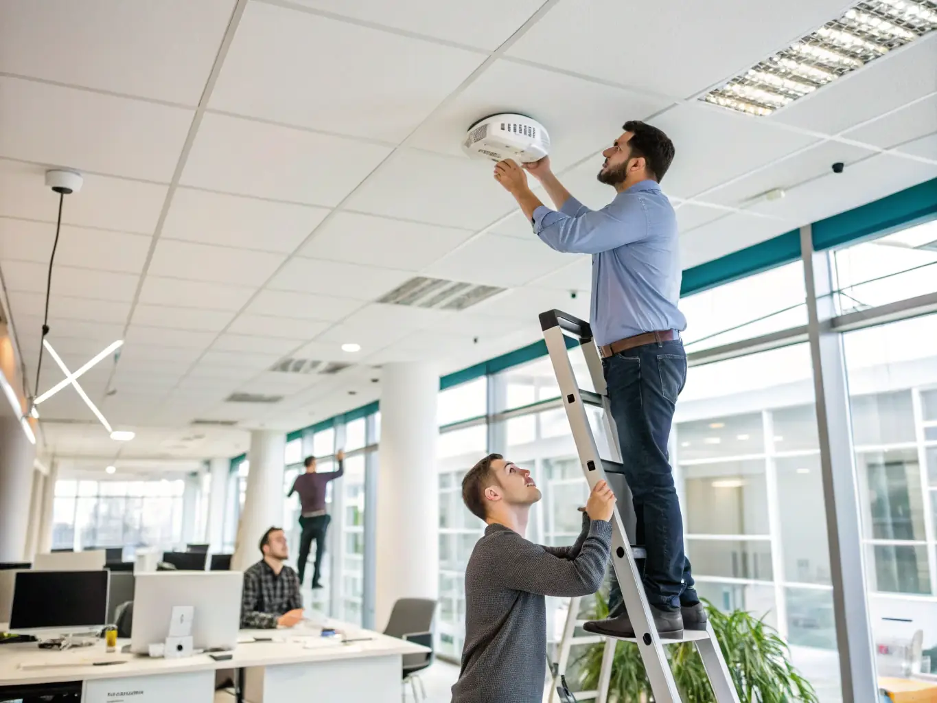A photo of a technician installing a wireless access point on a ceiling, demonstrating professional installation and coverage planning.