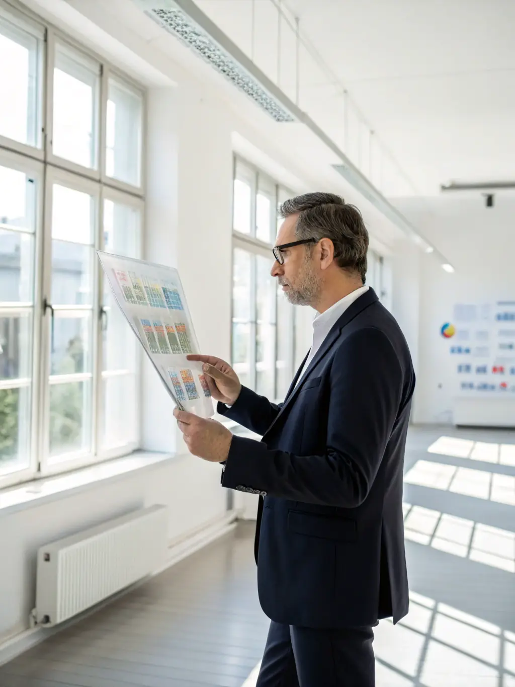 A photo of a senior project manager overseeing a global IT deployment, with a world map in the background, symbolizing DataTel 360's senior-level oversight.