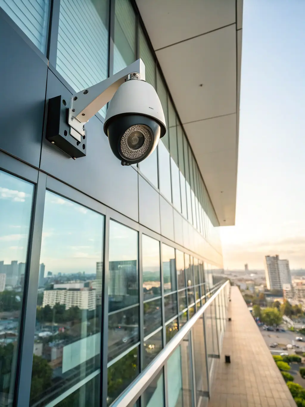 A high-resolution security camera monitoring a building entrance, with a focus on the camera's lens and its field of view.