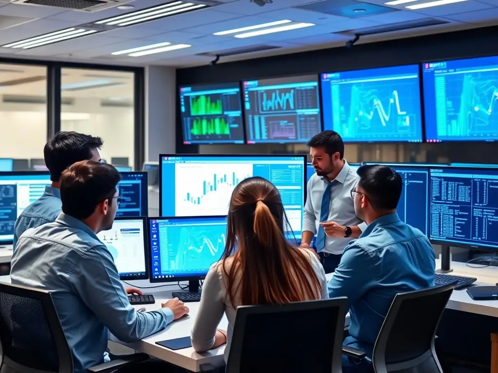 A professional photo of DataTel 360's senior technicians collaborating in a modern office environment, showcasing their expertise and teamwork.