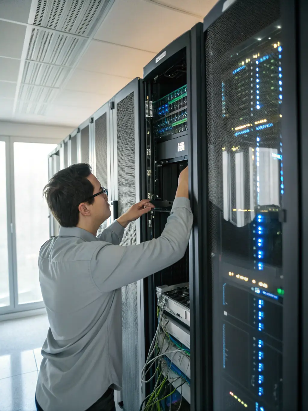 A professional photo of a DataTel 360 technician meticulously organizing cables in a server rack, showcasing their expertise and attention to detail.