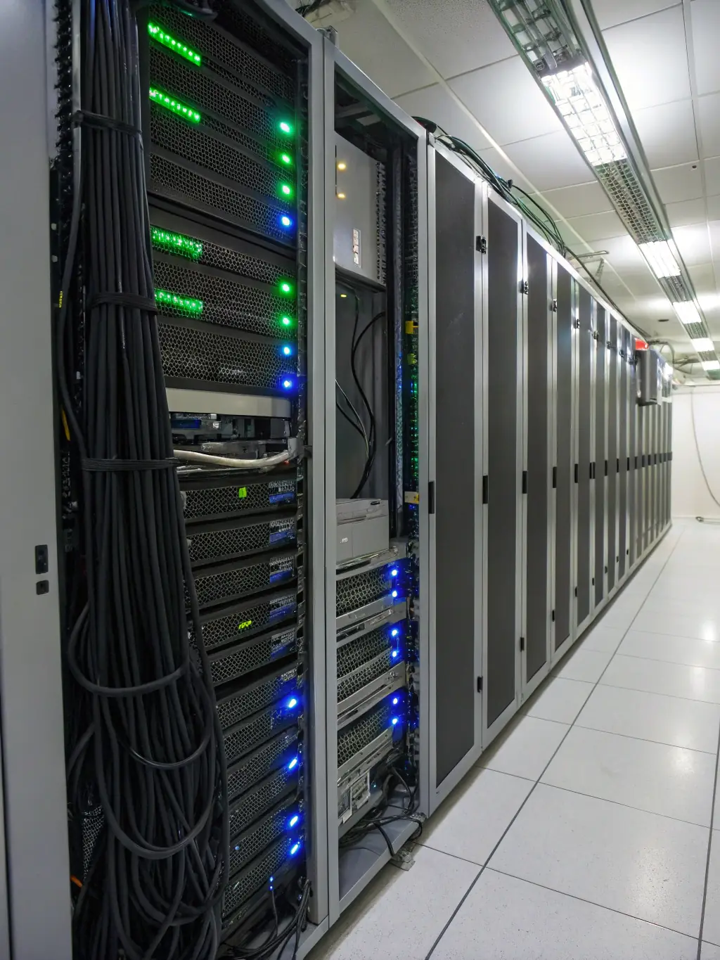 A clean and organized server room with neatly arranged and labeled network cables, showcasing DataTel 360's commitment to professional installations.