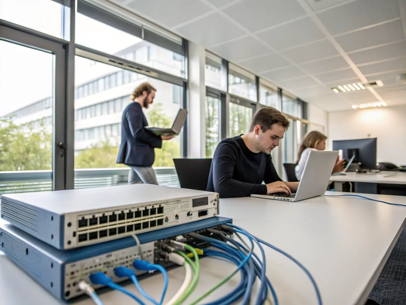 A visual representation of a modern office space with strategically placed Wi-Fi access points, ensuring seamless wireless coverage.