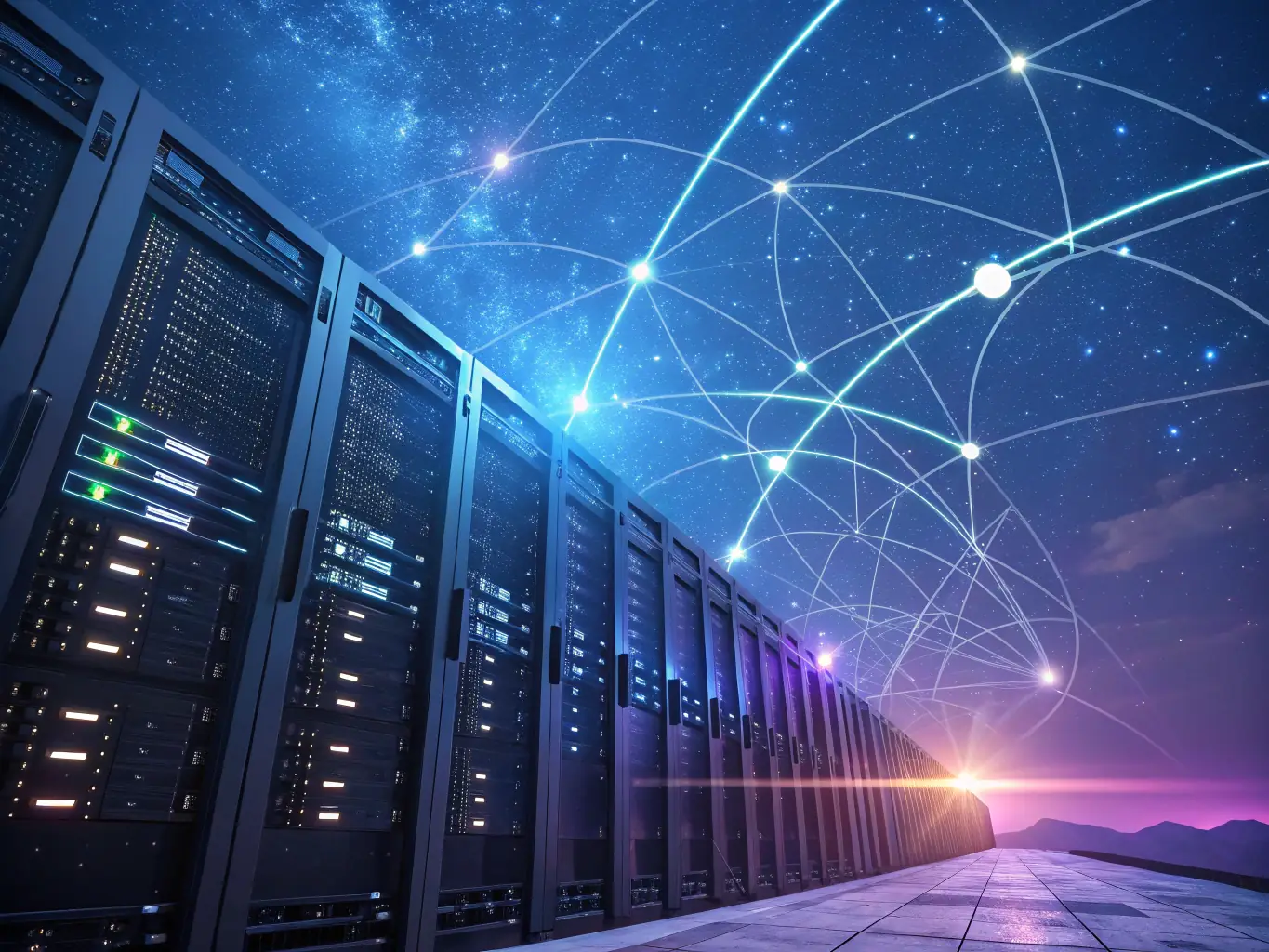 An abstract image representing AI analysis, with interconnected nodes and data streams flowing, symbolizing the AI summarizing capabilities of Intermedia AI Call Recap.