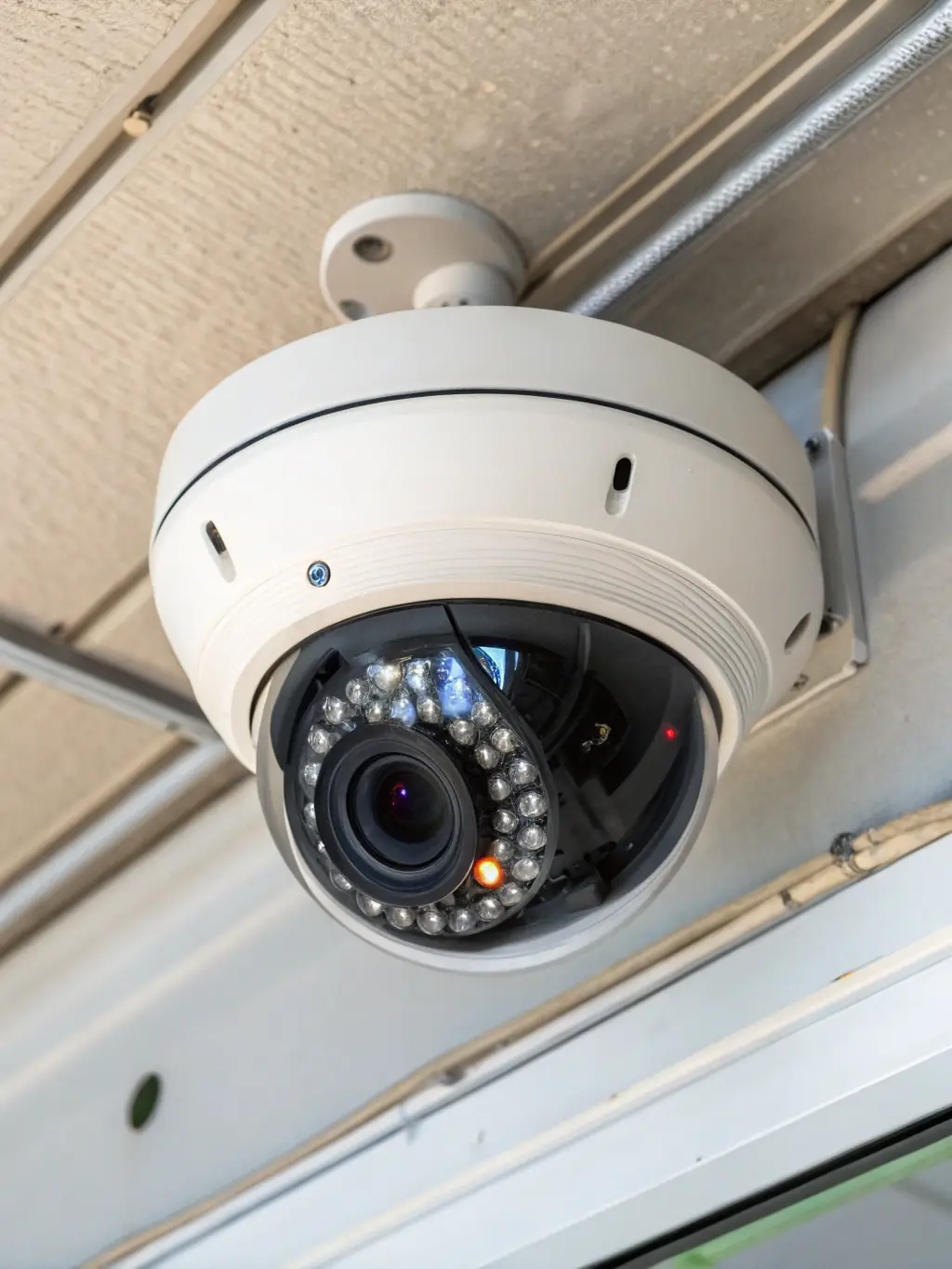 A clear image of a dome IP camera installed indoors, showing its discreet design and wide field of view. The camera should blend seamlessly into the ceiling.