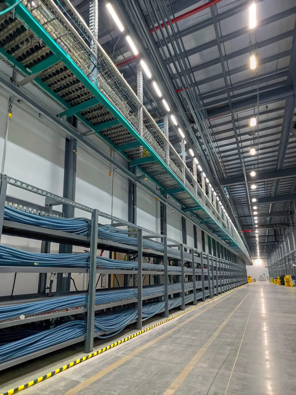 A photo of overhead cable trays installed in a warehouse, demonstrating a clean and organized cable management system.
