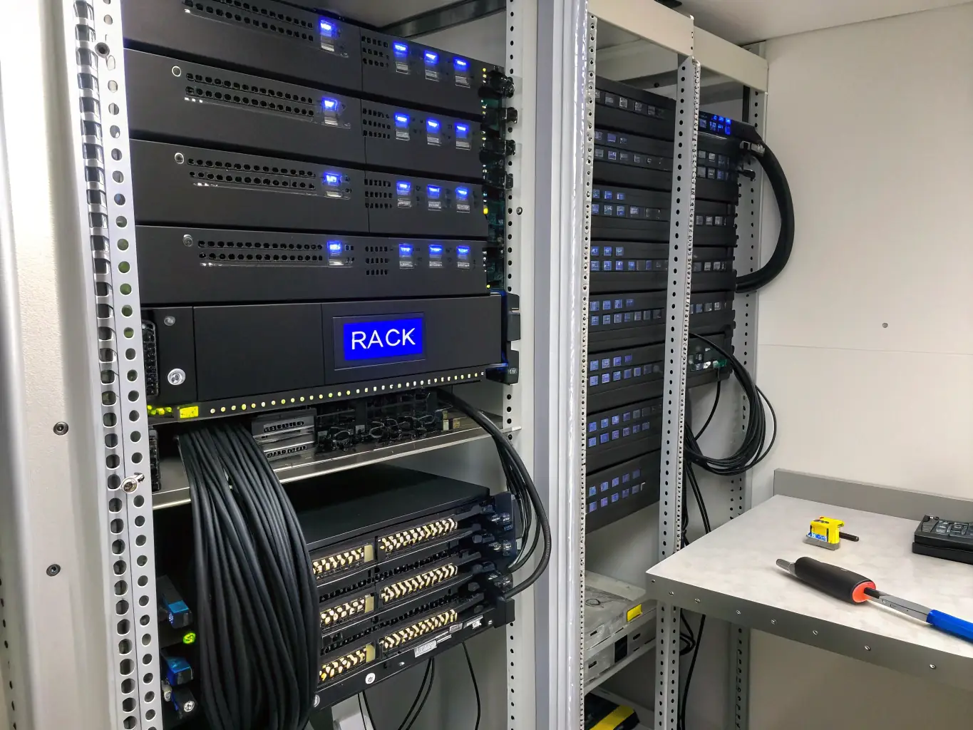 A close-up shot of a neatly installed patch panel and network rack with clearly labeled cables, demonstrating organized and efficient cable management practices.