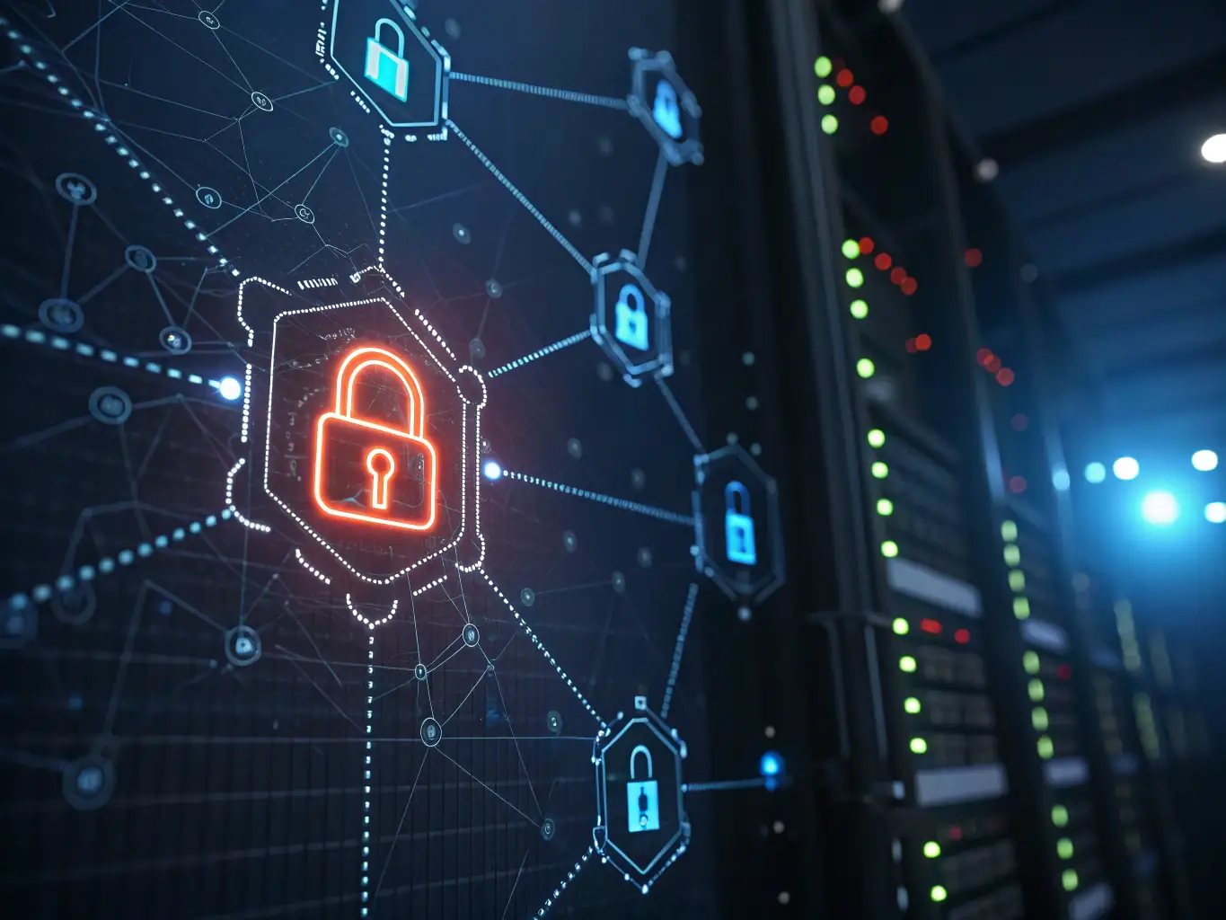 A visual representation of a secure network connection, with data packets flowing through encrypted channels. The image emphasizes the security and reliability of DataTel 360's VoIP service.