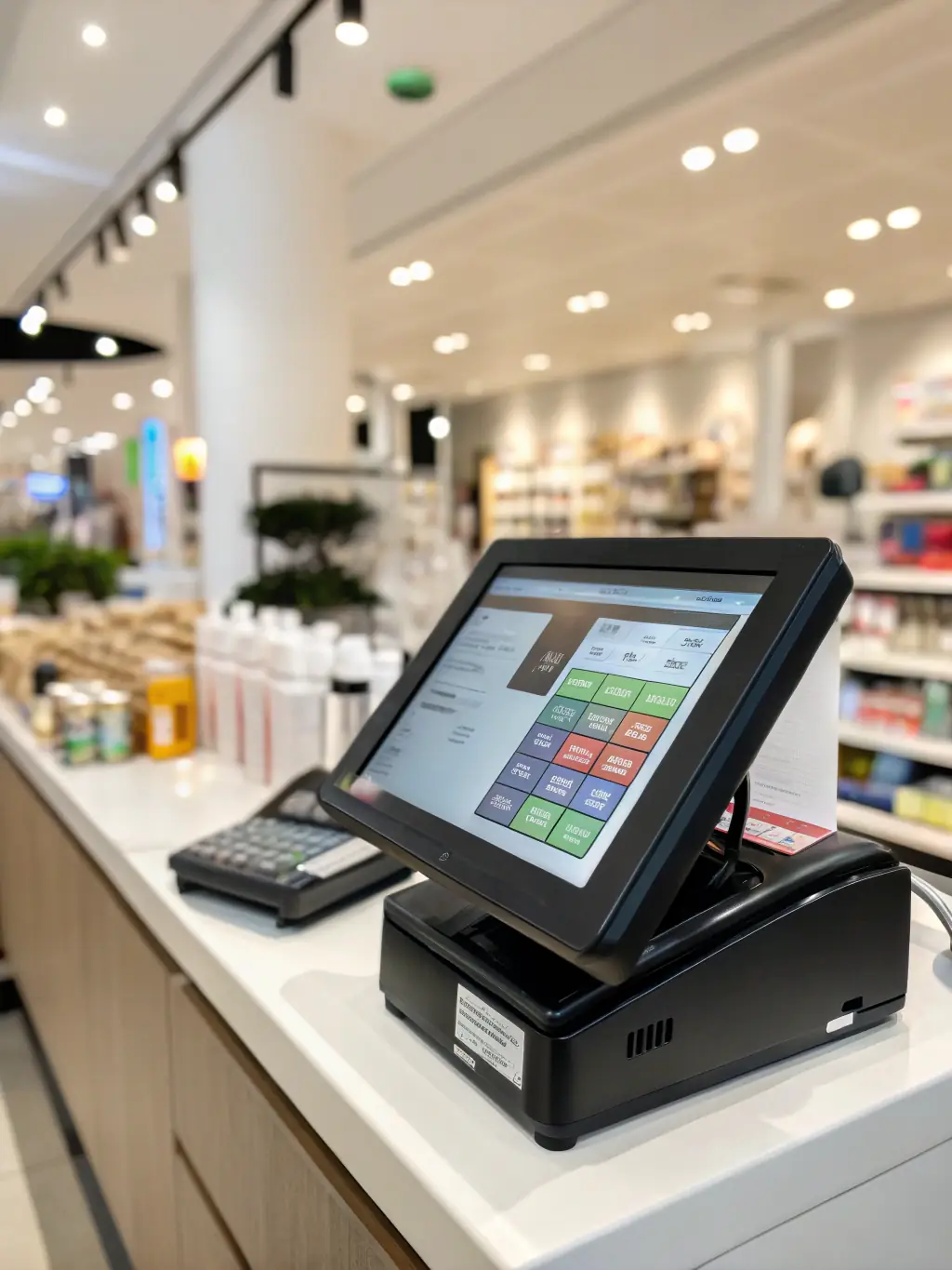 A neatly organized retail point-of-sale (POS) system with structured cabling, showcasing clean and efficient cable management in a modern retail environment.
