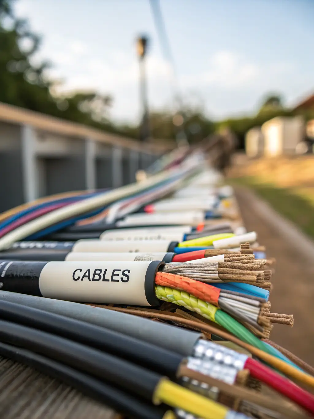 A photo of neatly installed Cat6A Ethernet cables running along an overhead cable tray in a warehouse environment, showcasing organized and efficient cabling infrastructure.