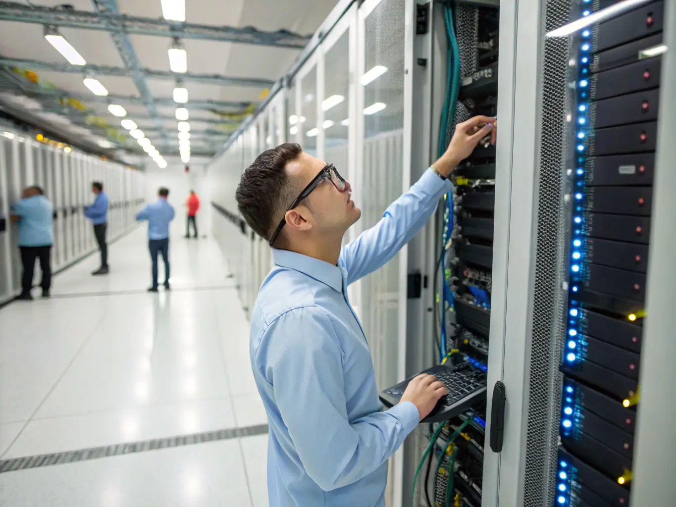 A technician working diligently on a server rack in a dimly lit data center, highlighting the urgency and precision required for network outage repair.