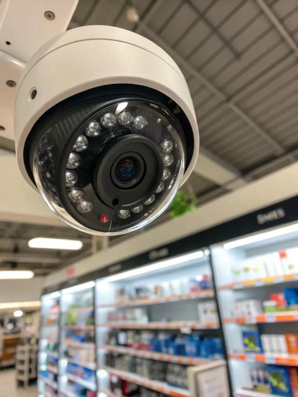 A high-resolution IP camera mounted in a retail store, capturing a wide view of the shopping area, demonstrating enhanced security and surveillance capabilities.