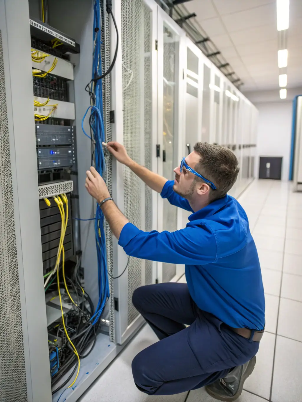 A technician installing a patch panel in a server room, demonstrating the precision and expertise involved in DataTel 360's rack and stack services.