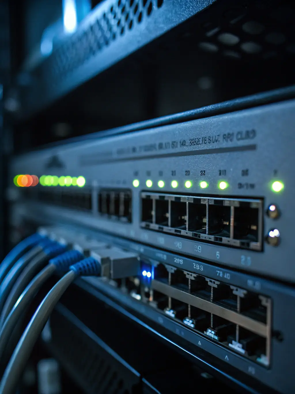 A close-up shot of network cables and ports, emphasizing the importance of network connectivity and infrastructure for seamless data transmission and communication within a business, relevant to DataTel 360's assessment services.