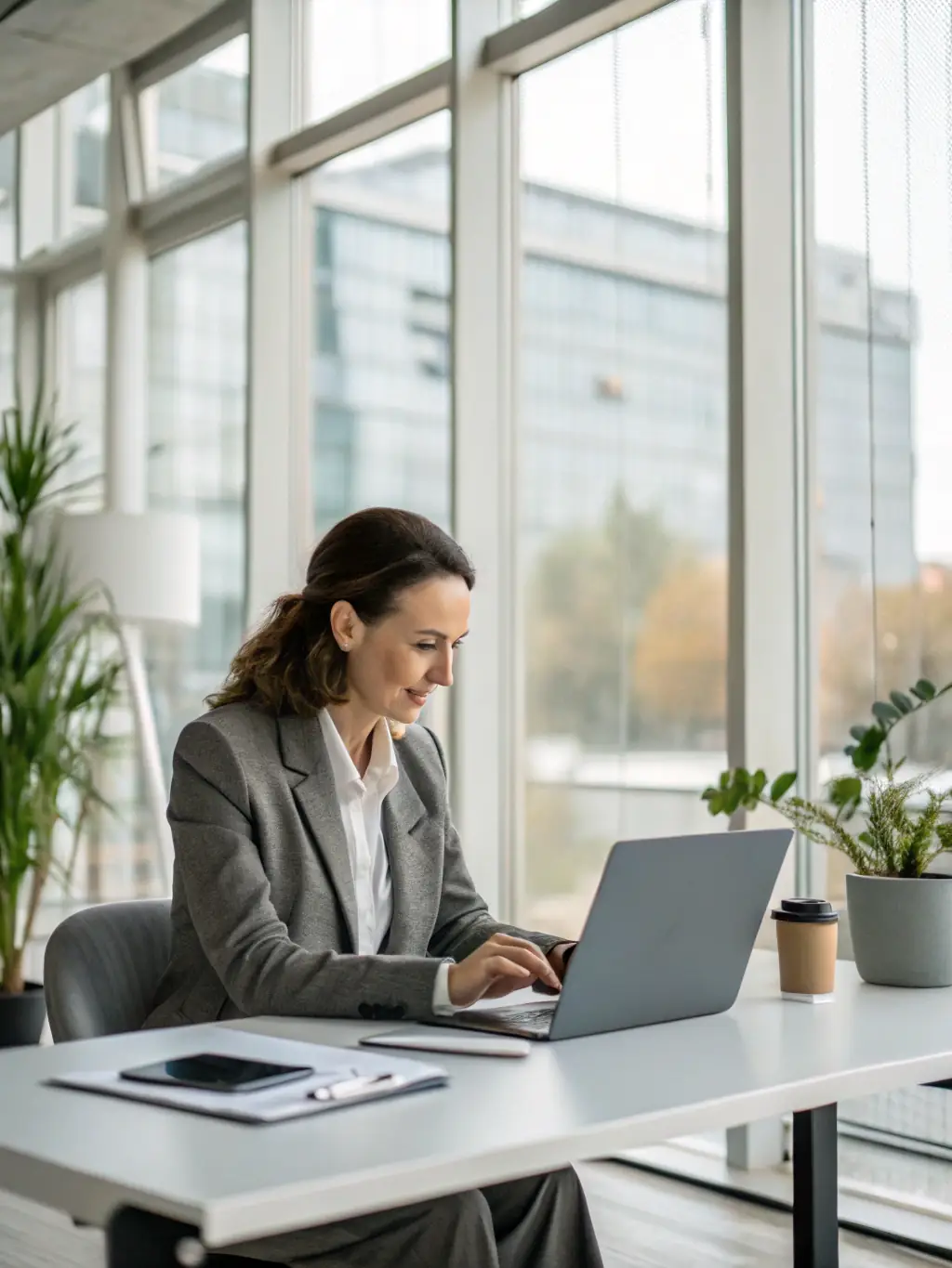 An employee looking stressed and overwhelmed by repetitive tasks, contrasted with a calm and focused expression after AI implementation.