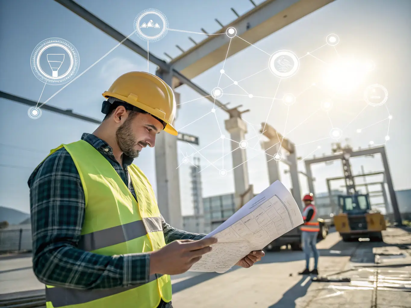 A project manager in a hard hat reviews blueprints on a construction site, overseeing the installation of structured cabling.