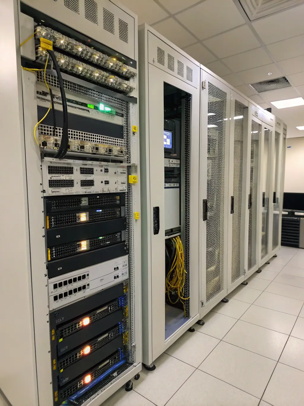 Close-up of network switches and routers being securely mounted in a server rack, highlighting the precision and care taken during installation.