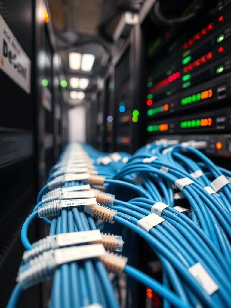 A neatly organized server room with color-coded Cat6 cables, patch panels, and network switches, highlighting DataTel 360's structured cabling expertise in an Atlanta office.