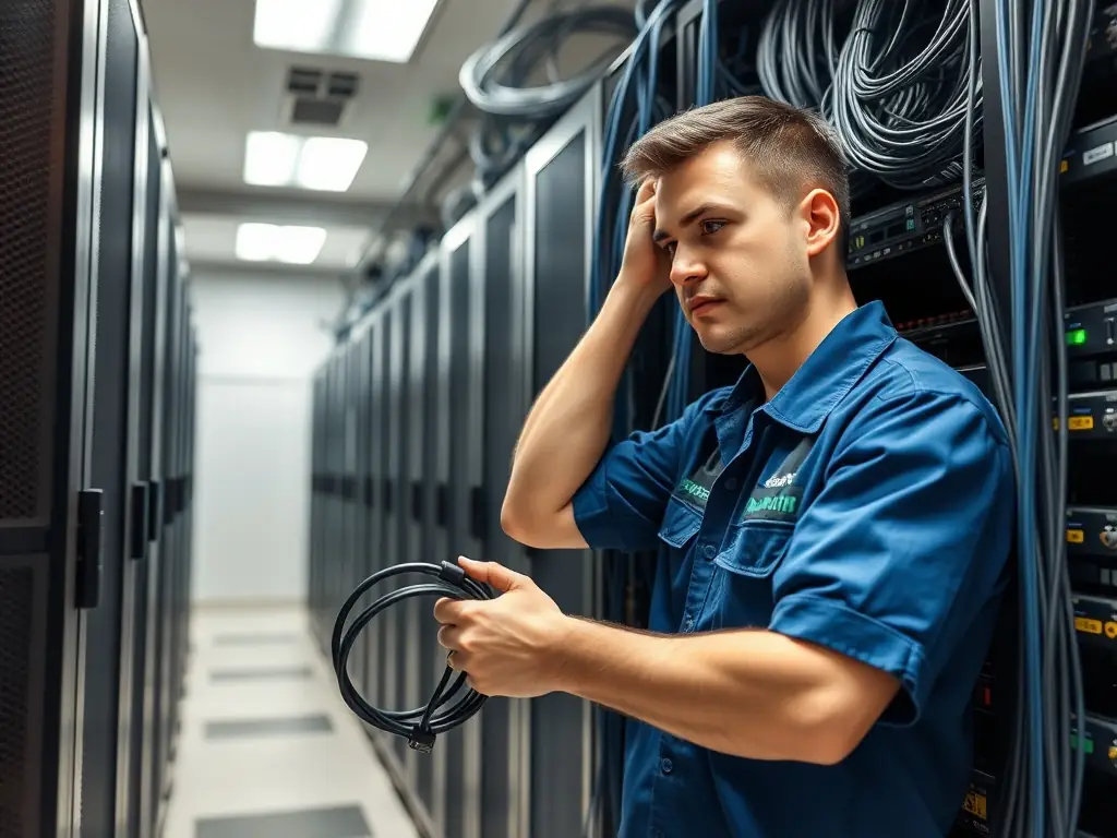 A technician installing structured cabling in a server room, ensuring organized and efficient network infrastructure for a business phone system.