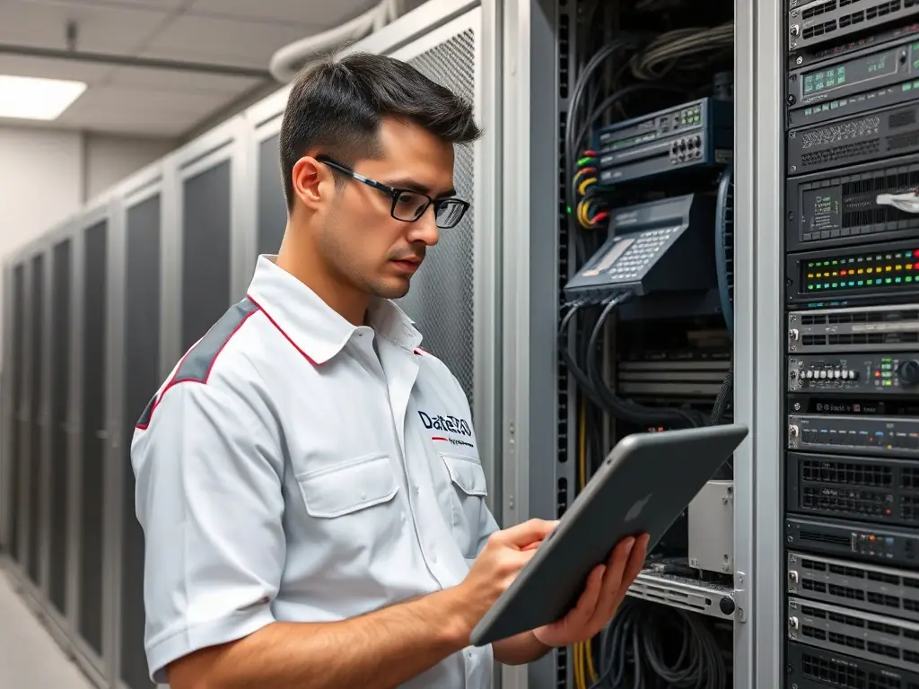 A technician in a DataTel 360 uniform is troubleshooting a legacy Avaya phone system in a server room, with various cables and networking equipment visible in the background.