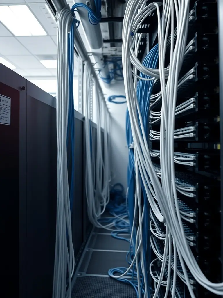 An image of a neatly organized and labeled network cabling system in a data center, highlighting the importance of structured cabling for efficient network management.
